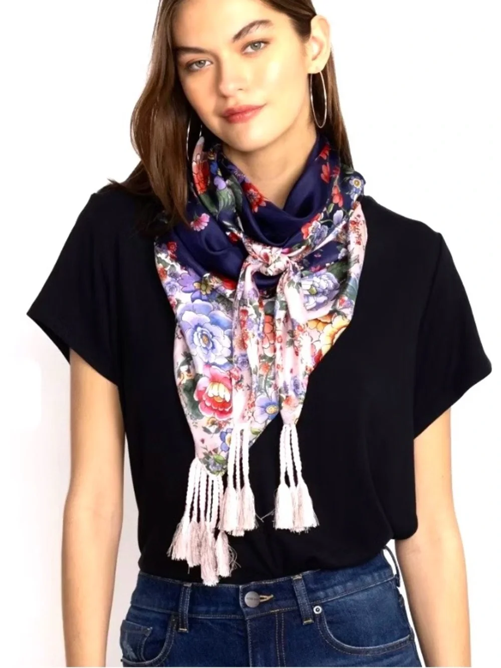 NEW Johnny Was Elsa Silk Scarf Floral Braided Tassels Large Blue Pink 44